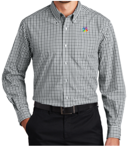 Gingham Check Button-Down Shirt with Embroidered Pinwheel