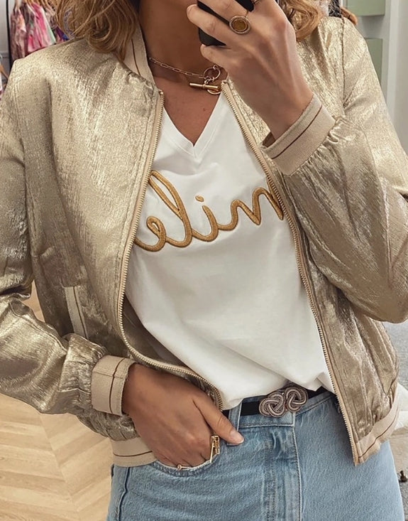 The Marsha | Metallic Zip Up Baseball Jacket