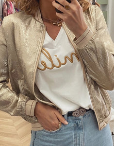 The Marsha | Metallic Zip Up Baseball Jacket