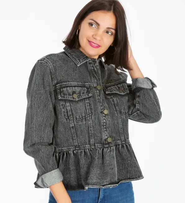 The Amy | Peplum Hem Black Denim Jacket